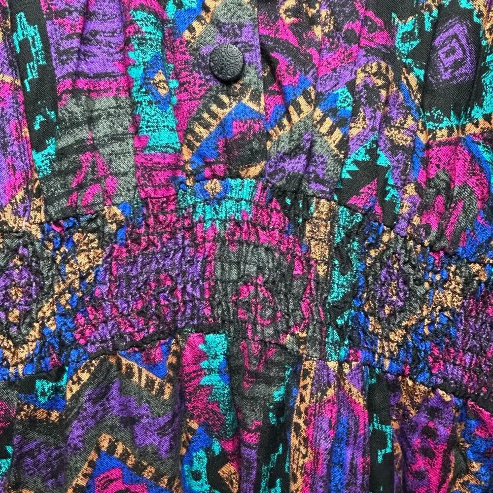 VTG En Focus Geometric Jumpsuit Purple L Rayon Southwestern Boho 90s USA Made